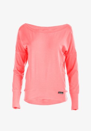 Korallenrosa, schulterfreier Sweatshirt mit langen Ärmeln, weichem Stoff, gerippte Bündchen und einem kleinen Markenetikett am Saum.