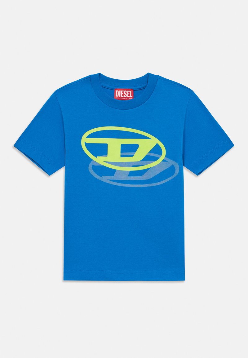 Modré krátke tričko Diesel s okrúhlym výstrihom a veľkými prekrývajúcimi sa žltými a sivými logami "D" na prednom strede.