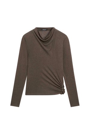Brown long-sleeve top with cowl neck, featuring a side twist detail and soft, smooth fabric. Suitable for casual wear.
