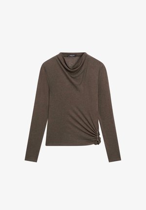 Brown long-sleeve top with cowl neck, featuring a side twist detail and soft, smooth fabric. Suitable for casual wear.