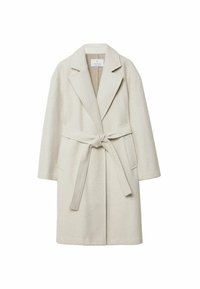 Długi, jasnobeżowy wełniany płaszcz z szerokimi klapami, bocznymi kieszeniami i przednim paskiem do wiązania, zaprojektowany na luźne dopasowanie.