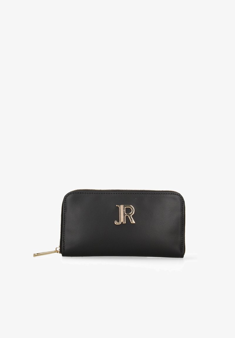 Portefeuille zippé en cuir noir avec logo JR doré centré sur le devant et tirette de fermeture éclair dorée sur le côté gauche.