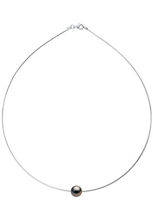 Collier en argent avec une fine chaîne et une unique perle noire ronde au centre, doté d'un fermoir. Texture lisse, design minimaliste.