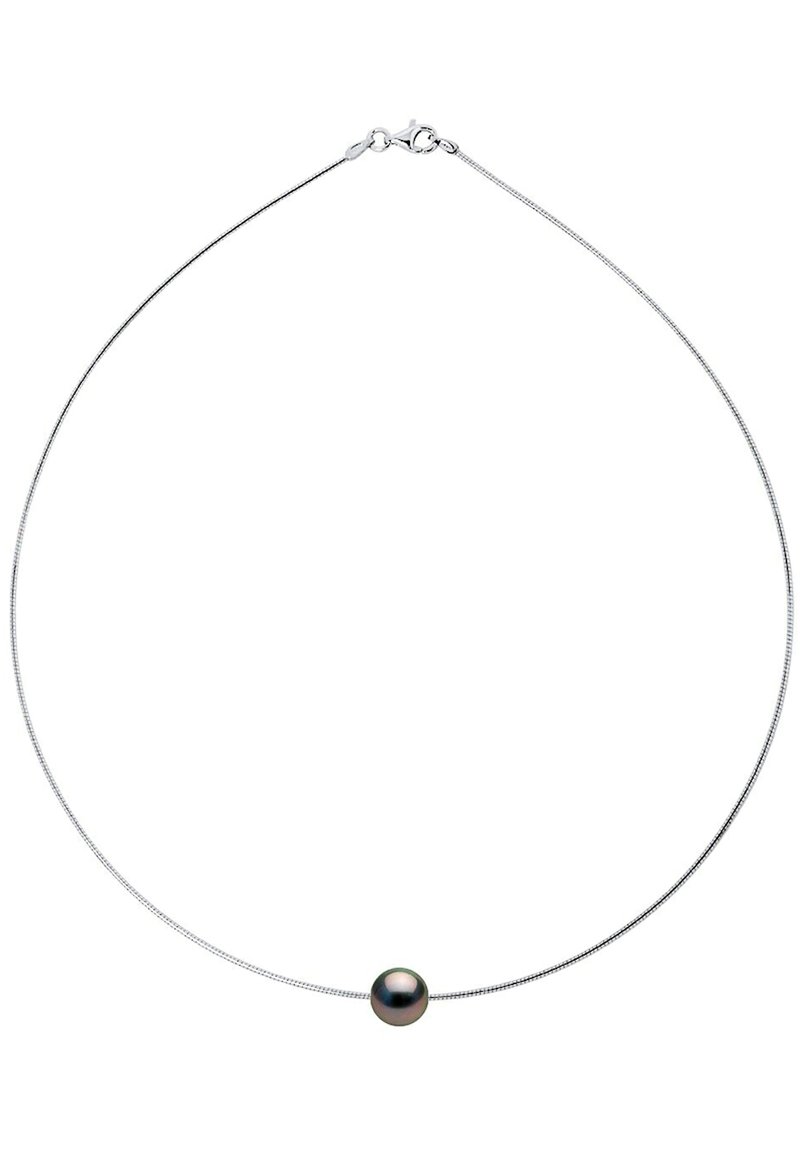Collier en argent avec une fine chaîne et une unique perle noire ronde au centre, doté d'un fermoir. Texture lisse, design minimaliste.