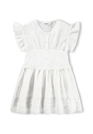 Vestito bianco a maniche corte con spalle arricciate, bottoni frontali, dettagli in pizzo e gonna arricciata, taglia per bambini piccoli.