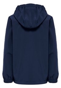 Marine hættejakke, lavet af glat stof, med elastiske manchetter og kant, og et enkelt, udekoreret design bagpå.