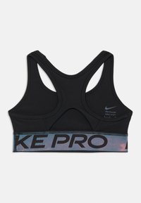 Črn športni nedrček iz tkanine, ki odvaja vlago, z racerback obliko in širokim pasom, na katerem je v bold pisavi napisano "NIKE PRO".