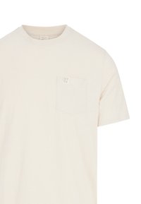 Kremowy t-shirt z krótkim rękawem, wykonany z miękkiej bawełny, z kieszonką na piersi z naszywką 'PRO TEST'.