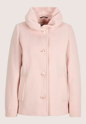 Light pink wool coat with large collar, four buttons down front, and two side pockets, displayed on neutral background.