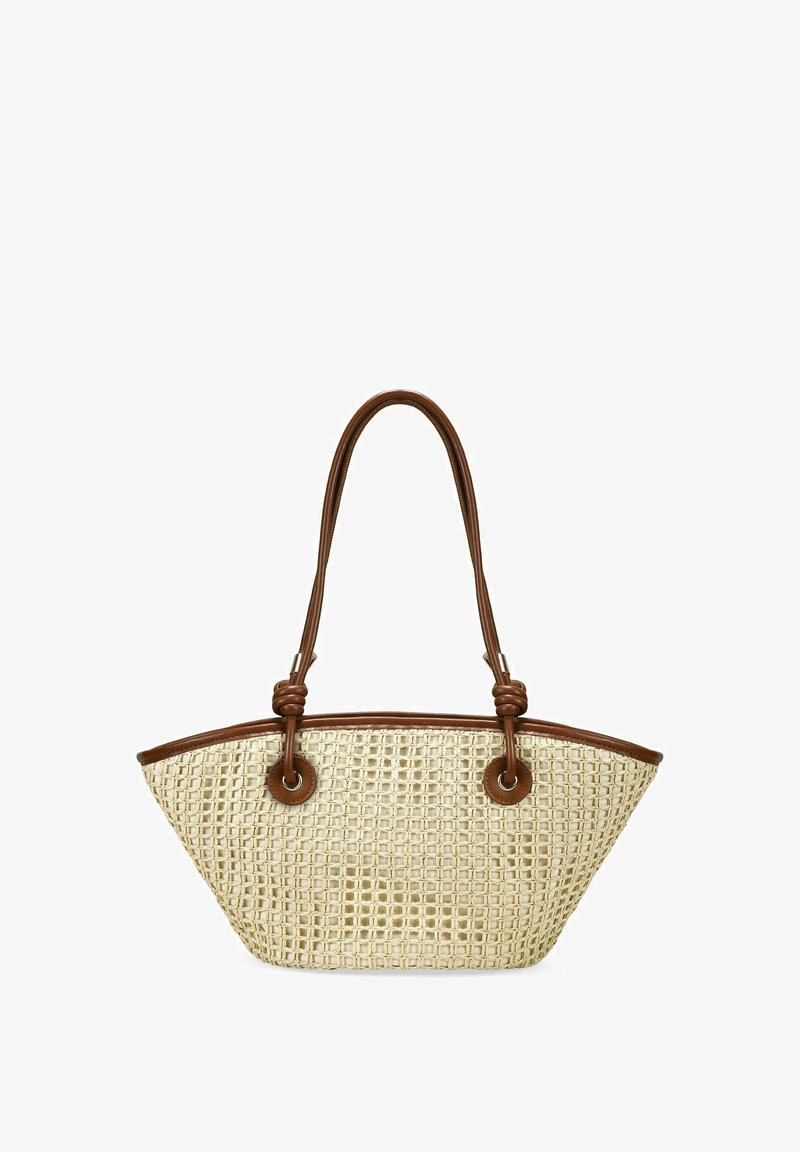 Bolso de palma tejido con un borde y asas de cuero sintético marrón claro. Presenta ojales redondos marrones y una forma triangular. Color claro con un acabado texturizado.