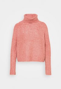 Pull à col roulé rose avec un motif tricoté texturé, manches longues, poignets côtelés et coupe décontractée.