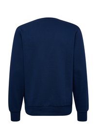 Mörkblå sweatshirt med rundad halsringning, ribbade muddar och fåll. Slät tygtextur, enkel design och utan synliga mönster eller detaljer.