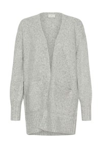 Jasnoszara, dziergana kardiganka z dekoltem w serek, otwartym przodem, długimi rękawami i dwiema przednimi kieszeniami. Posiada ściągacze przy mankietach i dolnej krawędzi.