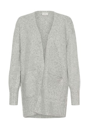 Lichtgrijze gebreide cardigan met een V-hals, open voorkant, lange mouwen en twee voorkant zakken. Heeft ribbels aan de manchetten en de zoom.
