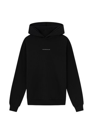 Zwarte hoodie van een katoenmix. Heeft een eenvoudig voorontwerp met de tekst "TOMORROWLAND" in het wit. Met manchetten op de mouwen en onderrand.