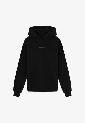 Schwarzer Kapuzenpullover aus Baumwollmischgewebe. Hat ein einfaches Vorderdesign mit dem Text "TOMORROWLAND" in Weiß. Mit Bündchen an den Ärmeln und am Saum.