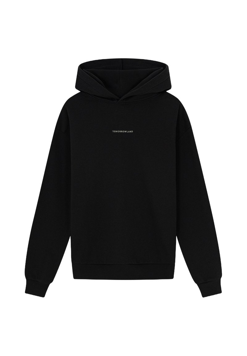 Zwarte hoodie van een katoenmix. Heeft een eenvoudig voorontwerp met de tekst "TOMORROWLAND" in het wit. Met manchetten op de mouwen en onderrand.