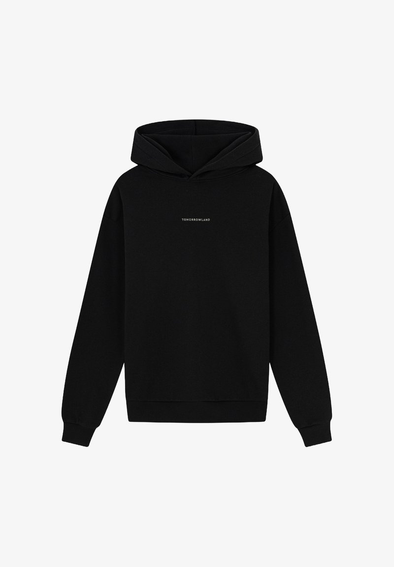 Zwarte hoodie van een katoenmix. Heeft een eenvoudig voorontwerp met de tekst "TOMORROWLAND" in het wit. Met manchetten op de mouwen en onderrand.