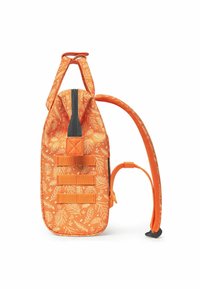 Orange backpack featuring a botanical leaf pattern, gray zipper, and adjustable straps. Constructed from durable fabric with a textured finish.