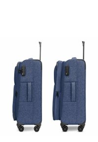 Blaues Gewebekoffer mit strukturiertem Finish, doppelten Reißverschlüssen, Seitentaschen und vier schwarzen Rädern. Ausziehbarer Griff oben.