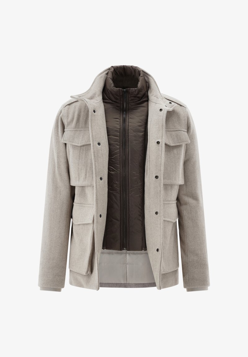 Light gray wool blend jacket with a zippered insulated inner layer. Features four front pockets, a high collar, and snap closure detail.