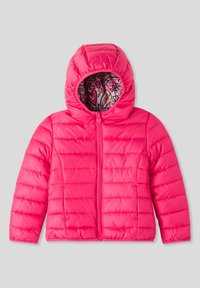 Giacca a vento rosa con cappuccio, caratterizzata da una texture trapuntata e un rivestimento colorato a fantasia. Chiusura con zip sul davanti e polsini elasticizzati per una vestibilità ottimale.