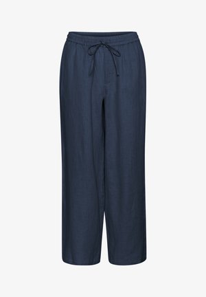 Tumši zili lina platleņķa bikses ar elastīgu jostasvietu un regulējamu auklu, ar gludu tekstūru un minimālistisku dizainu.