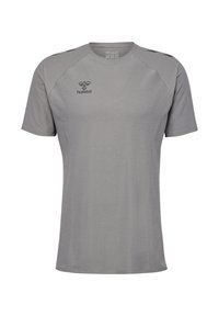 Graues T-Shirt mit kurzen Ärmeln aus glattem Stoff, mit Rundhalsausschnitt, Raglanärmeln und einem Logo auf der Brust.