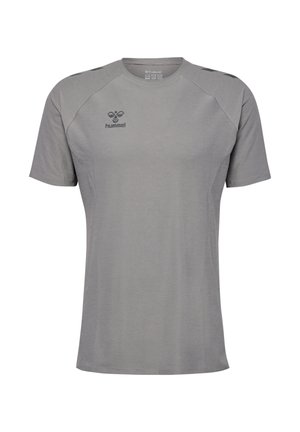Grijze T-shirt met korte mouwen van gladde stof, met een ronde halslijn, raglanmouwen en een logo op de borst.