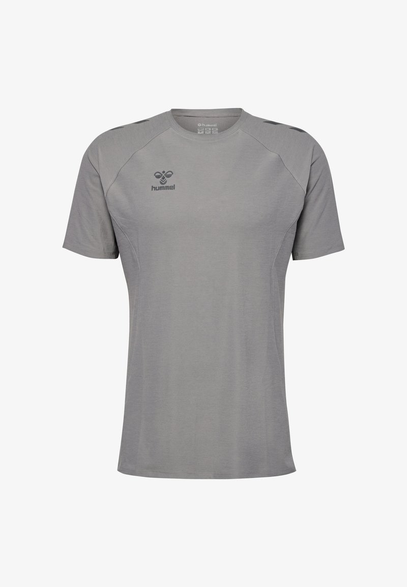 Graues T-Shirt mit kurzen Ärmeln aus glattem Stoff, mit Rundhalsausschnitt, Raglanärmeln und einem Logo auf der Brust.