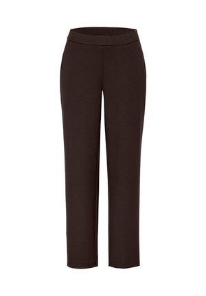 Pantaloni marrone scuro a gamba dritta con vita aderente e senza tasche, bottoni o cerniere visibili su sfondo bianco.