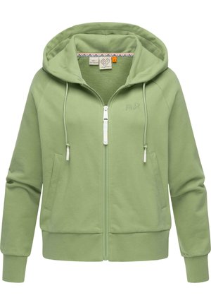 Felpa leggera verde chiaro con zip, realizzata in misto cotone, con tasca a marsupio, cappuccio con lacci e polsini e orlo a costine. Presenta un logo sul fronte.