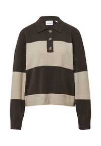 Sweter robiony na drutach w brązowo-beżowy pasek, z kołnierzykiem i trzema guzikami z przodu, wykonany z miękkiego materiału.