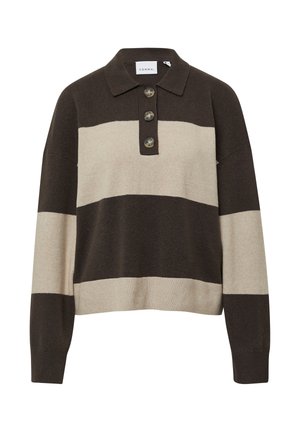 Sweter robiony na drutach w brązowo-beżowy pasek, z kołnierzykiem i trzema guzikami z przodu, wykonany z miękkiego materiału.