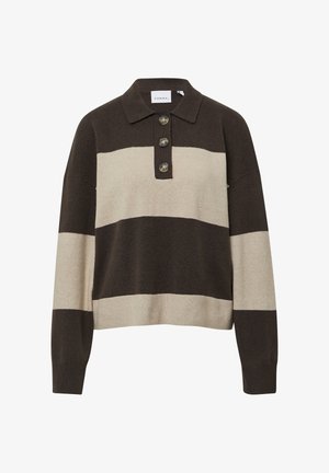 Strickpullover mit einem braun-beigen Streifenmuster, ausgestattet mit einem Kragen und drei Knöpfen vorne, aus weichem Stoff gefertigt.