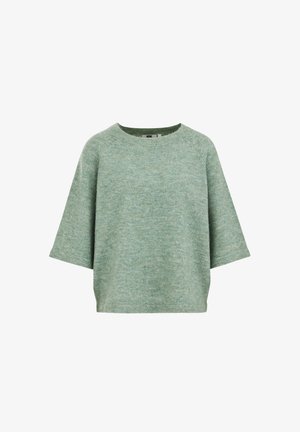 Maglione verde chiaro a maniche corte realizzato in morbido tessuto a maglia. Presenta una scollatura rotonda e una forma rilassata con maniche a raglan.