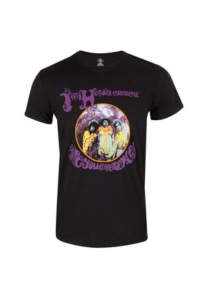 Schwarzes Baumwoll-T-Shirt mit einem kreisförmigen Graphic, das vier Figuren zeigt, akzentuiert durch lila Text mit den Worten "The Jimi Hendrix Experience" und "Are You Experienced?"