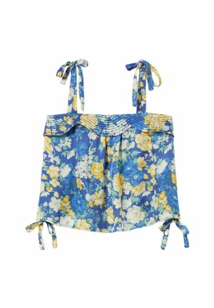 Top di camicetta floreale in blu, giallo e bianco. Presenta spalline annodate, scollatura arricciata e un tessuto morbido e leggero con un motivo vivace.