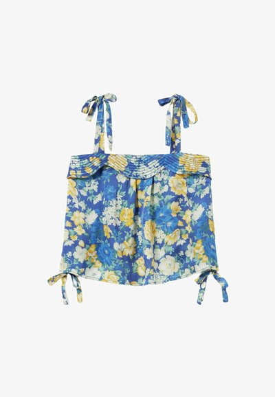 Débardeur floral en bleu, jaune et blanc. Dispose de bretelles nouées, d'un décolleté froncé et d'un tissu doux et léger avec un motif vibrant.