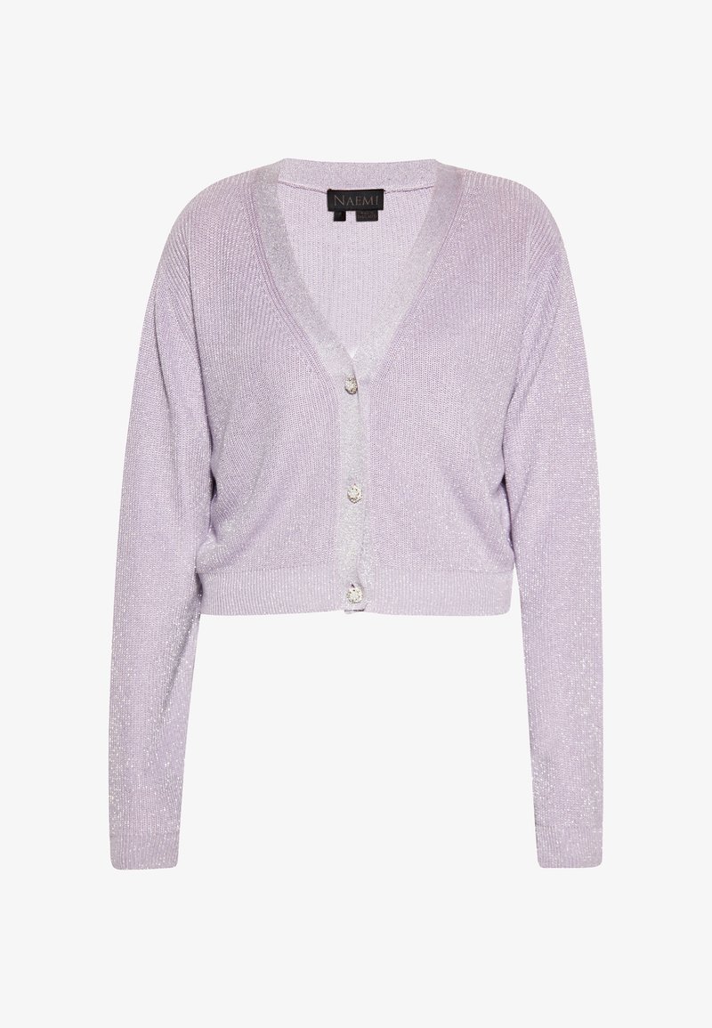 Lichtlila Crop-Cardigan aus strukturiertem, glitzerndem Strick. Verfügt über einen V-Ausschnitt, lange Ärmel und fünf dekorative Knöpfe.