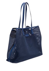 Navy-blauer Netz-Einkaufsbeutel mit zwei stabilen Griffen, rechteckiger Form und einer glatten Lederbesatz. Verfügt über ein strukturiertes, perforiertes Design.