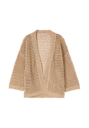 Beige open-knit cardigan with wide sleeves and V-neck, featuring large hole pattern and textured trim along edges.