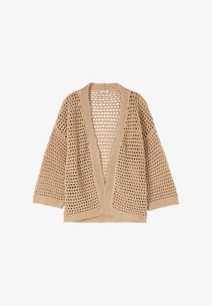 Beige open-knit cardigan with wide sleeves and V-neck, featuring large hole pattern and textured trim along edges.