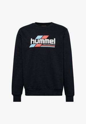 Sweatshirt navy à manches longues, col rond et poignets côtelés. Présente un logo "hummel PERFORMANCE" en blanc et bleu clair dans un design audacieux.