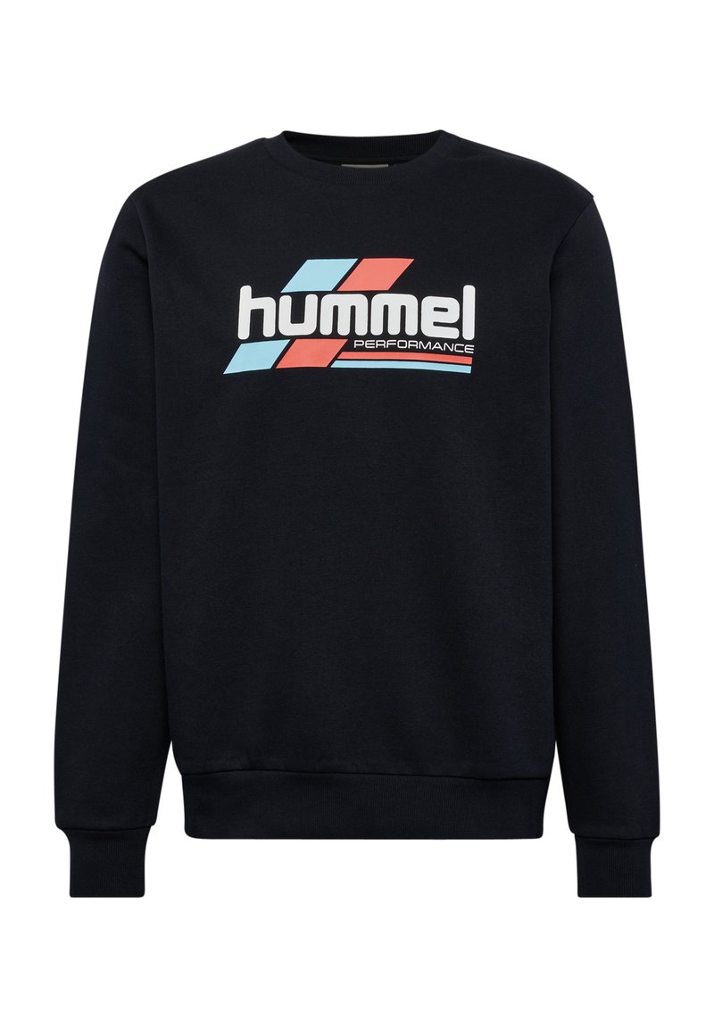 Marinblå sweatshirt med långa ärmar, rund hals och ribbade muddar. Har en vit och ljusblå "hummel PERFORMANCE"-logotyp i en djärv design.