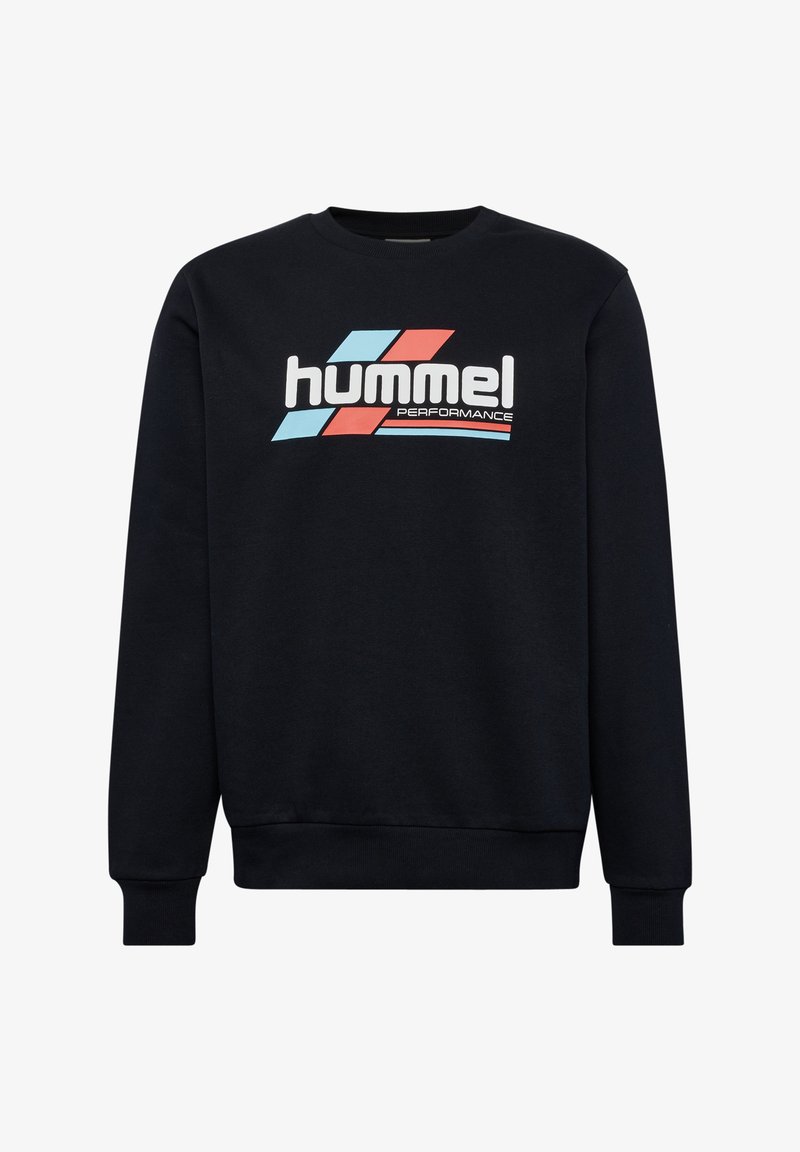 Marineblauer Hoodie mit langen Ärmeln, Rundhalsausschnitt und gerippten Bündchen. Verfügt über ein auffälliges, weißes und hellblaues "hummel PERFORMANCE"-Logo.