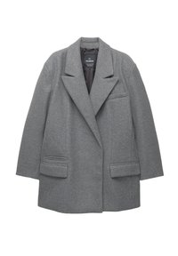 Cappotto grigio in misto lana con rever a punta, spalle strutturate, due tasche frontali e una tasca sul petto. Presenta una vestibilità morbida.