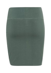 Zelená, přiléhavá minisukně vyrobená z měkké, elastické tkaniny. Obsahuje hladký pás a minimální švy pro čistý design.