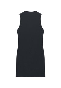 Abito nero senza maniche con un design aderente, realizzato in un tessuto a coste. Presenta un collo alto e una silhouette a taglio dritto.