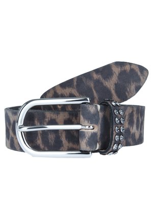 Leopard print belt made of textured material with a silver-tone metal buckle and rhinestone accents on the band.